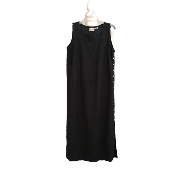 Vintage MATCH Black 100% Linen Maxi Dress with Side Coconut Buttons. Size 4P - Picture 1 of 8